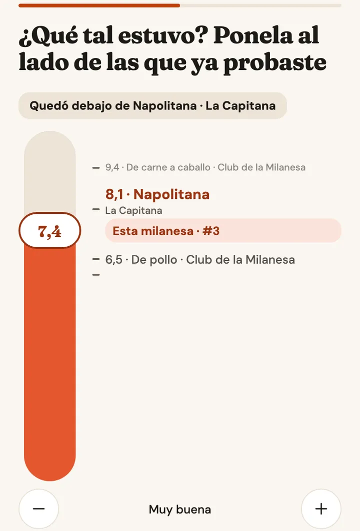 Pantalla de la app al anotar la nota de una milanesa napolitana: un termómetro con la nota 7,4 y, al lado, los platos que ya probaste de milanesa, cada uno con su nota.